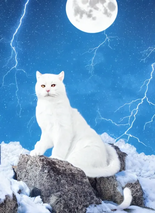 Image similar to giant white cat on a snowy mountain with lightning coming out of its paws, blue sky background with moon