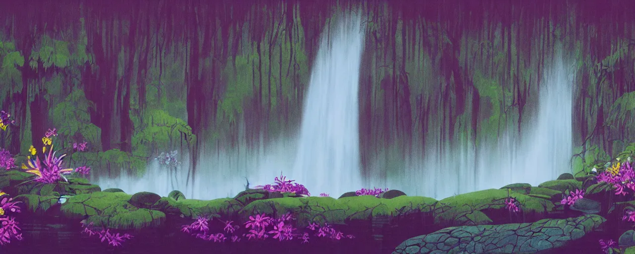 Image similar to deep forest, rainbow river waterfall, waterfall wall splitting, light shimmers, water mists, stones, wild flowers, subtle color variations, summer rain, gentle mists, a white robed benevolent magician clothed in a royal garment in contemplation meditating upon God, by Eyvind Earle and Mary Blair