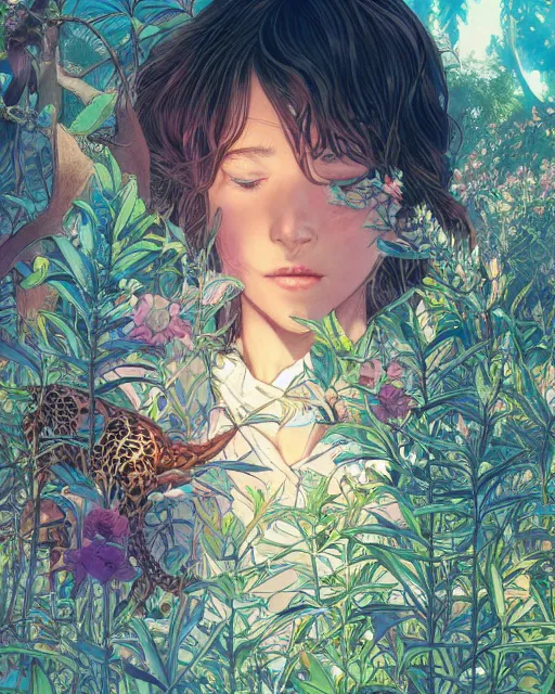 Image similar to a girl at the zoo, full shot, visible face, ambient lighting, detailed, art by ayami kojima, makoto shinkai, kilian eng