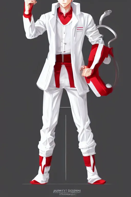 Prompt: technocratic overlord, full body white lab coat, hero, character concept art, costume design, red eyes, hairstyle inspired by Senku, trending on artstation, Artgerm, WLOP