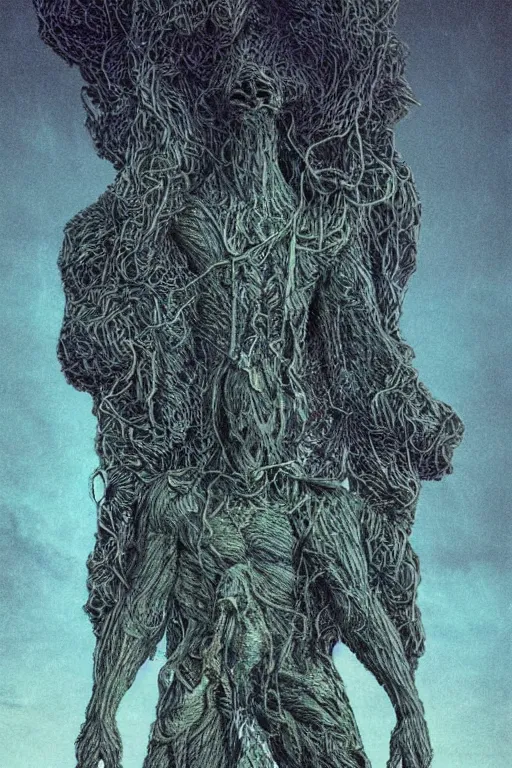 Image similar to wire rope nephilim,art by Bernard Krigstein and John Picacio,trending on artstation, withered lighting product view,colored pencil art ,anaglyph filter ,mirrored,award-winning,mandelbulb 3d,