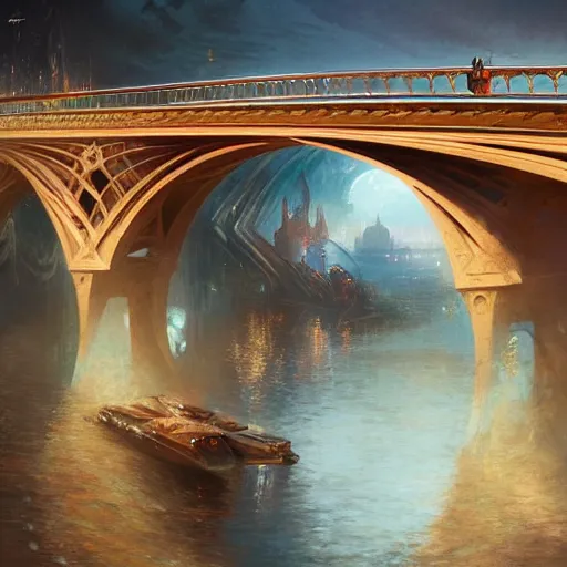 Image similar to the most beautiful futuristic bridge, reflexions, very high details by william turner art, greg rutkowski and alphonse mucha, trending on artstation, very very detailed, masterpiece