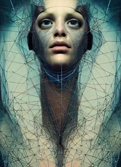 Image similar to highly detailed surreal vfx avante garde portrait of a futuristic 3 d non - euclidean hyperdimensional communications network, hyperrealistic, octane render, chiaroscuro, inspired by james jean, android jones, carne griffiths, gerard brom, denis villeneuve, johannen voss, alphonse mucha, frostbite 3 engine