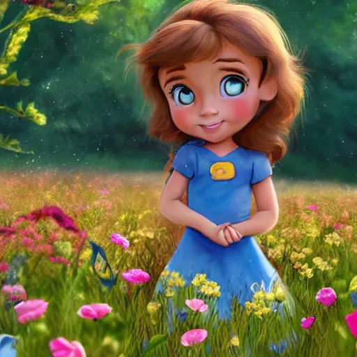 Prompt: a little girl with short wavy brown hair sits in a field of flowers in a still from a disney movie. beautiful disney cartoon character art, high quality, detailed face