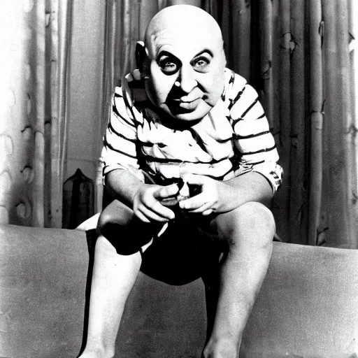 Image similar to schlitzie from the 1 9 3 2 black and white movie, freaks