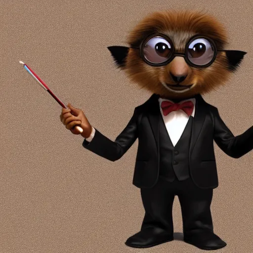 Prompt: anthro brown! marmot! in a black business tuxedo while holding a pencil wearing glasses, disney pixar character concept artwork, 3 d concept, detailed fur, high detail iconic character for upcoming film, trending on artstation, character design