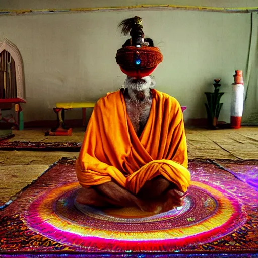 Image similar to An Indian Sadhu Saadhu wearing a cyberdelic psychedelic Oculus virtual reality headset sitting on a rug in a Dravidian temple, psionic powers