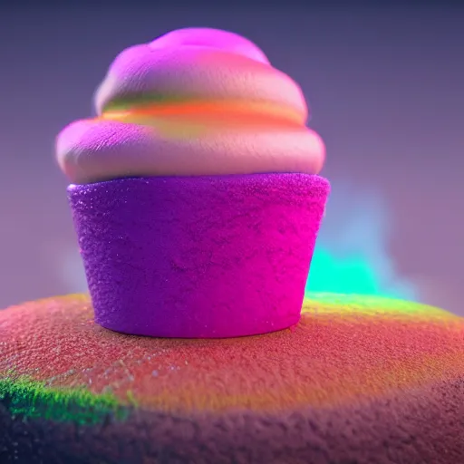 Prompt: A fluffy velvet cupcake with radioactive glowing sprinkles, cyberpunk, trending on artstation, 8k, vray render, unreal engine, volumetric lighting