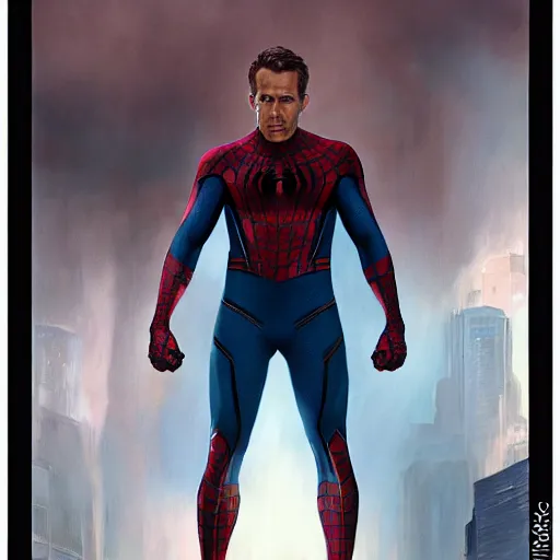 Image similar to ryan reynolds as spider - man, wearing a black and blue suit, cinematic, volumetric lighting, f 8 aperture, cinematic eastman 5 3 8 4 film, photorealistic by greg rutkowski, by stanley artgerm, by alphonse mucha