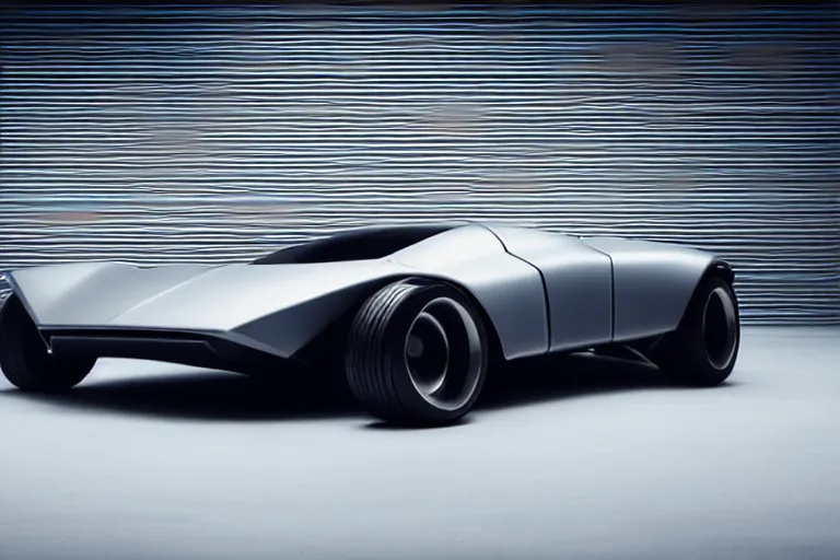 Prompt: A futuristic super-car made of a slick grey scaled metal, professional garage photograph.