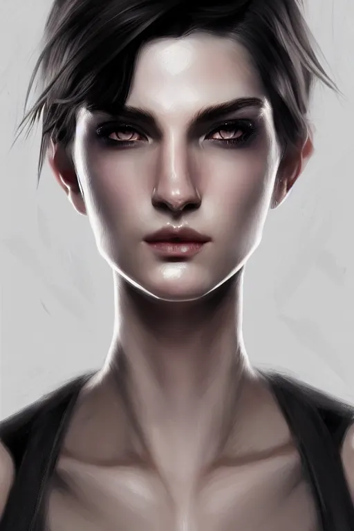 Image similar to ultra realistic style illustration of an androgynous gorgeous fae with shoulder length black hair pale skin and beautiful eyes, headshot, sci - fi, fantasy, intricate, elegant, highly detailed, digital painting, artstation, concept art, smooth, sharp focus, illustration, 8 k frostbite 3 engine, ultra detailed