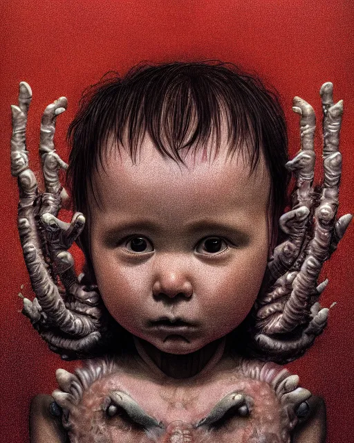 Image similar to portrait of a baby with six arms, monster, intricate artwork. by Tooth Wu, wlop, beeple, dan mumford. mulholland drive by david lynch, dune by david lynch, octane render, trending on artstation, greg rutkowski very coherent symmetrical artwork. cinematic, hyper realism, high detail, octane render, 8k, iridescent accents