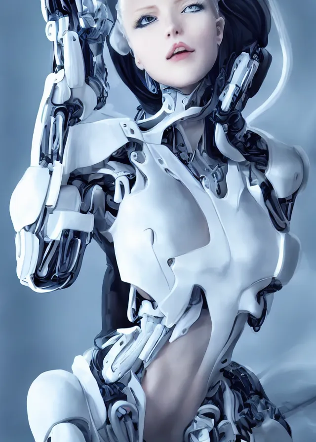 Prompt: white one cast futuristic biomechanics futuristic humanoid, pretty face, beautiful female, futuristic, neon lights, cyberpunk, 8 k, digital painting, by makoto shinkai, trending on cg society, glamour pose, fashion photography, high fashion, canon r 3, photorealistic, hyper realistic, full body, wide angle shot, perfect body, sexy, photoshoot