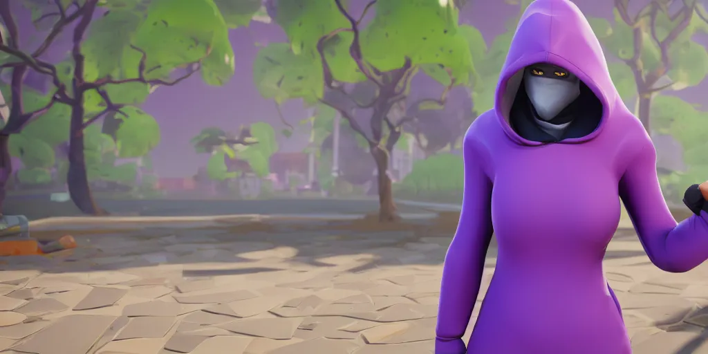 Prompt: a cartoony purple hooded figure with thicc legs wearing grey leggings as a fortnite skin, 8 k resolution