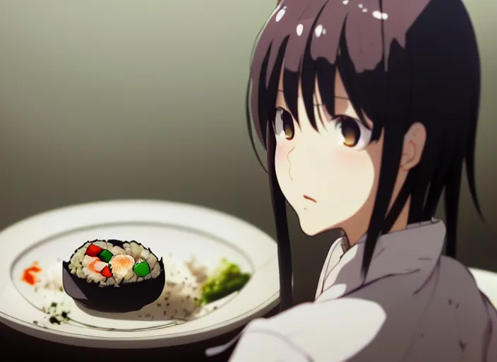 Prompt: a film still portrait of a plate with japanese food onigiri, finely detailed features, closeup at the food, perfect art, at a dinner table, gapmoe yandere grimdark, trending on pixiv fanbox, painted by greg rutkowski makoto shinkai takashi takeuchi studio ghibli, akihiko yoshida