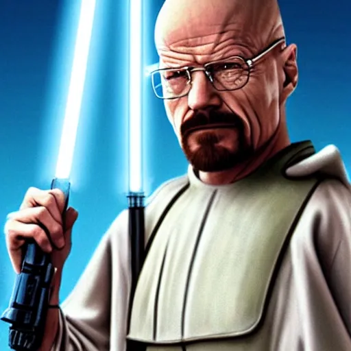 Image similar to realistic photo of walter white as a jedi from star wars, using jedi clothes and with a lightsaber