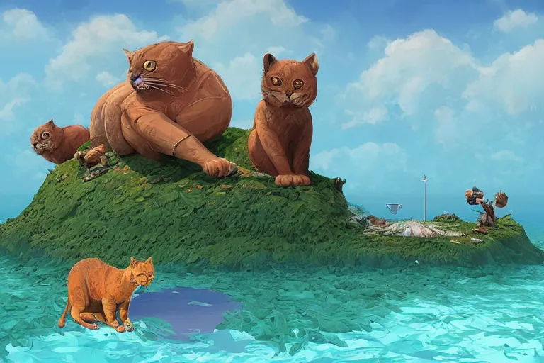 Prompt: one big cat sitting on an island in the middle of the ocean, summer morning, very coherent and colorful high contrast, art by gediminas pranckevicius, geof darrow, dark shadows, hard lighting