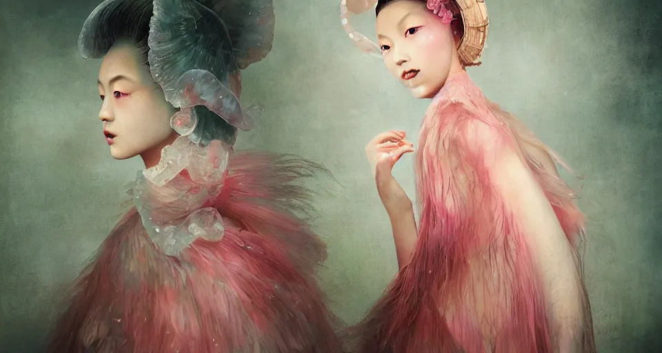 Image similar to closeup shot of asian female wearing a luminous soft fragile jelly fish dress, by ray caesar, by louise dahl wolfe, by andrea kowch, by anna claren, surreal photography