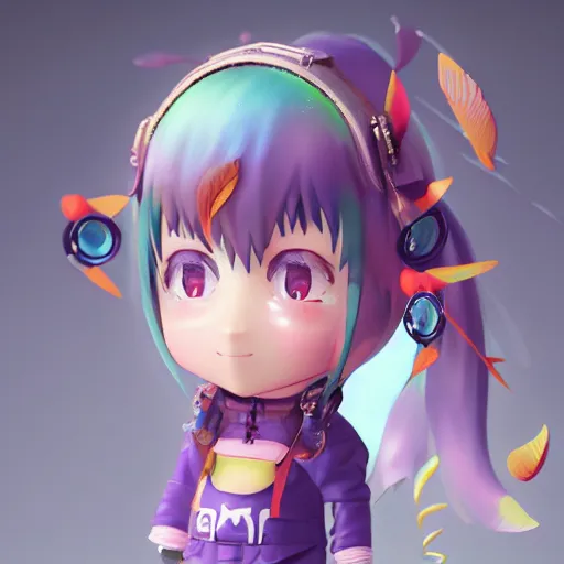 Image similar to a digital painting of a girl with a fish on her head, chibi, xu weili, bada, 3 d nft, nendoroid 3 d, cyberpunk art by hanna kime, avetetsuya studios, cgsociety, seapunk, anime aesthetic, rendered in maya