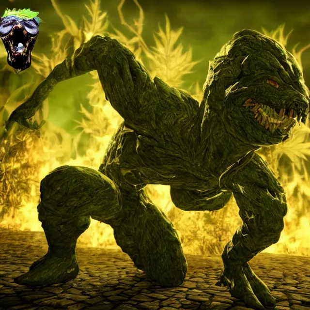 Image similar to cannabis plant monster in mortal kombat, fighter, 3 d videogame render, 4 k