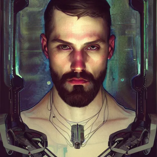 Prompt: portrait of bearded male android, coy, circuitry visible in head, in the style of ex machina, karol bak, alphonse mucha, greg rutkowski, award winning, hr giger, artstation