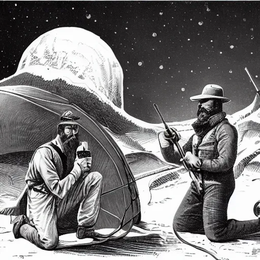 Prompt: 19th century bearded american trapper, on mars, pulp science fiction illustration