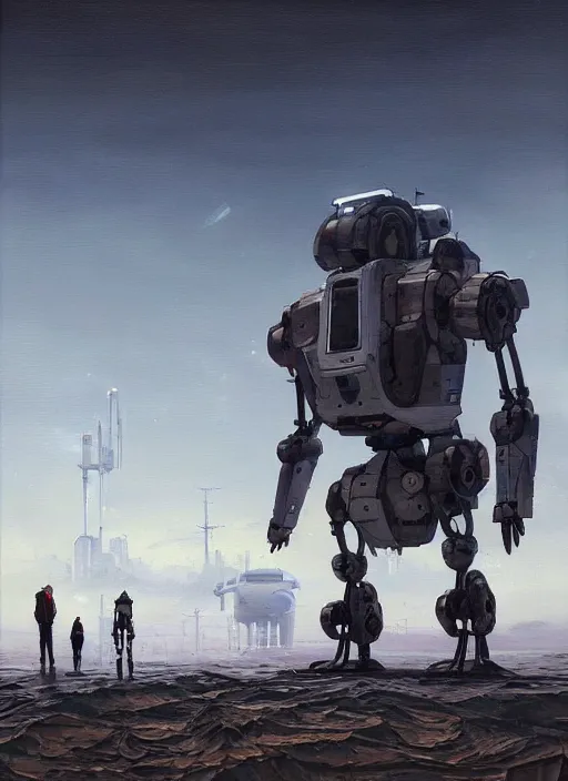 Prompt: an intricate oil painting of a giant pristine white android jagged mech robot with rounded components and tarpaulin cloak by simon stalenhag, inspired by nier : automata, clean white lab background