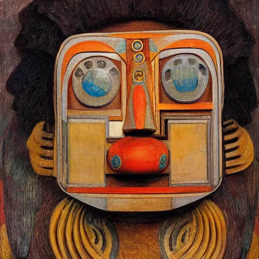 Image similar to the young robot with her feathered bird mask, by annie swynnerton and diego rivera and elihu vedder, symbolist, dramatic lighting, elaborate geometric ornament, head and shoulders view, art brut, soft cool colors, smooth, sharp focus, extremely detailed, adolf wolfli