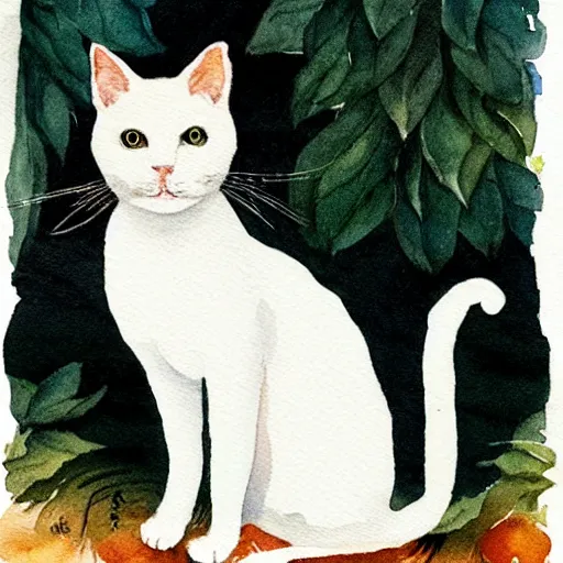Prompt: watercolor of white short haired cat, happy, beautiful, style of william morris print