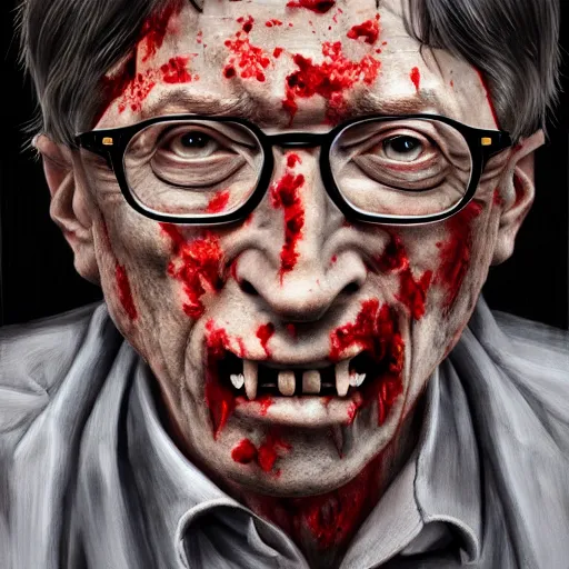 Image similar to a zombie Bill Gates, by WLOP, horror, wounds, bloody, dark fantasy, trending on artstation