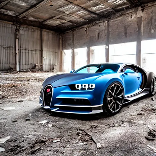 Image similar to an abandoned, derelict, rusty bugatti chiron in a dirty warehouse