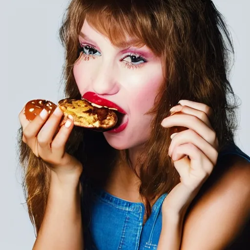 Prompt: an award winning photograph of a supermodel eating a cheeseburger with passion, she looks beautiful, she ’ s staring into the camera, studio lighting, magazine photo, highly detailed