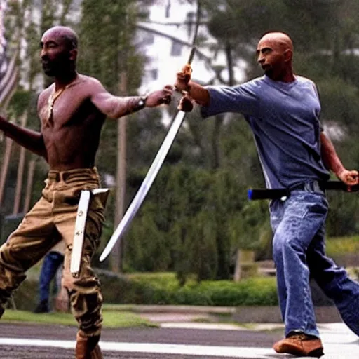 Prompt: tupac having an epic swordfight with obama, cinematography, action movie