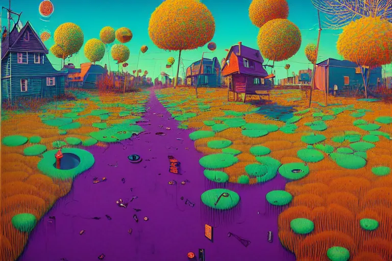 Image similar to surreal glimpse into other universe, seattle, summer morning, very coherent and colorful high contrast, art by!!!! gediminas pranckevicius!!!!, geof darrow, floralpunk screen printing woodblock, dark shadows, hard lighting, stipple brush technique,