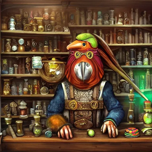 Prompt: Anthropomorphized parrot trader in his shop, shelves full, selling a gem, portrait, items, magic potions, weapons, arcana, carpet, window, fancy funny hat, sly expression , cunning expression, cute expression, presenting magic gem, D&D, fantasy, cinematic lighting, highly detailed, digital painting, artstation, concept art, smooth, sharp focus, illustration, warm light, cozy warm tint, magic the gathering artwork, volumetric lighting, 8k, no gold, no gold colours, art by Akihiko Yoshida, Greg Rutkowski