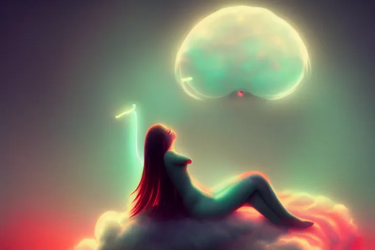 Image similar to a cute alien girl sitting on a cloud relaxing, misty, glows, digital art, hazy, foggy, red lighting, ambient lighting, 8 k,