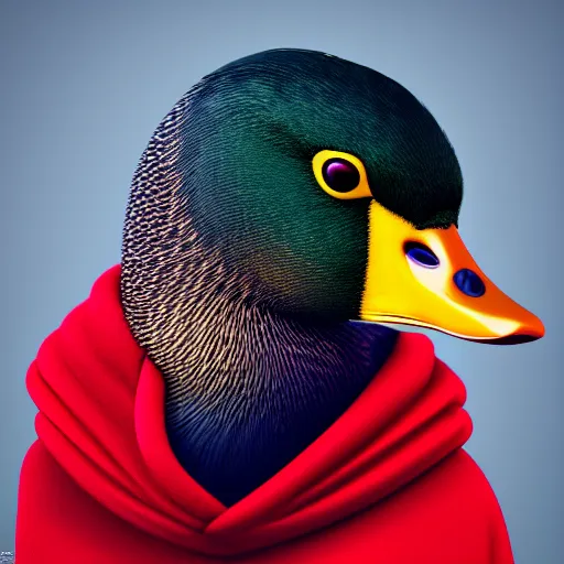 Prompt: portrait of cute mallard duck, wearing cultist red robe, standing at an altar, black feathers, glowing arcane eyes, very detailed black feathers, ultra detailed, cgi, photorealistic, unreal engine 5, nft portrait, 3 d, digital art, 8 k, octane render, trending on art station,