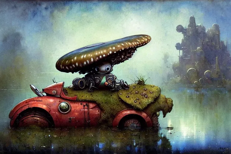 Image similar to adventurer ( ( ( ( ( 1 9 5 0 s retro future robot mouse amphibious vehical home. muted colors. swamp mushrooms ) ) ) ) ) by jean baptiste monge!!!!!!!!!!!!!!!!!!!!!!!!! chrome red