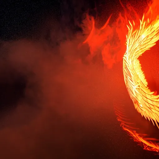 Prompt: a burning phoenix inside of a perfect circle made out of white and gold powder splash smoke, a black sky with stars in the background, d&d, epic shot, backlight, embers and sparks, high fantasy, 3d render, cgi rendering, very detailed, unreal engine, octane render, wallpaper