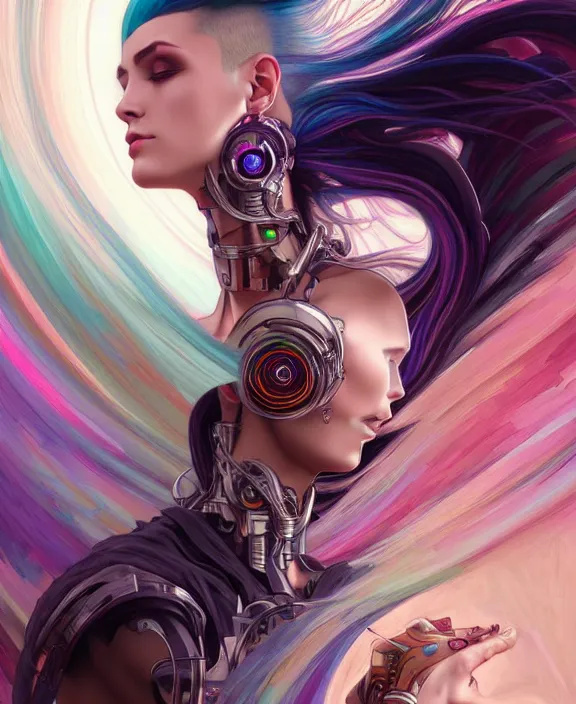 Image similar to a whirlwind of souls rushing inside the metaverse, half body, jewelry, fashionable haircut, pharaoh, android, cyborg, cyberpunk face, by loish, d & d, fantasy, intricate, elegant, highly detailed, colorful, vivid color, digital painting, artstation, concept art, art by artgerm and greg rutkowski and alphonse mucha