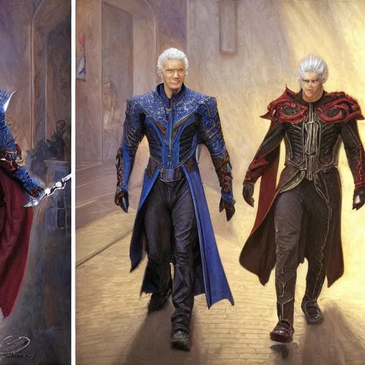 Prompt: Vergil and Dante standing back to back, art by Donato Giancola and James Gurney, digital art, trending on artstation