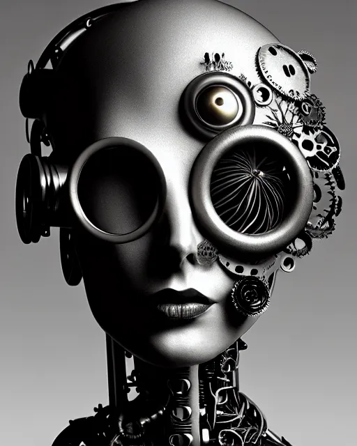 Image similar to black and white dreamy foggy smoky profile face portrait, one silver steampunk eye biomechanical beautiful young female cyclope - cyborg - robot bust, body ribs meshes,, volumetric light, hibiscus flowers, by hg giger, rim light, by dora maar and cecile beaton, big gothic fashion pearl embroidered collar, 8 k