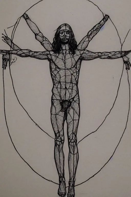 Image similar to jared leto vitruvian man, drawn by leonardo da vinci, sketch, notes