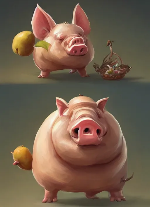 Prompt: cute stately tropical pear pig, anthropomorphic bipedal half pear and half pig, d & d, fantasy, portrait, highly detailed, digital painting, trending on artstation, concept art, sharp focus, illustration, art by assasinmonkey and artgerm and greg rutkowski and magali villeneuve