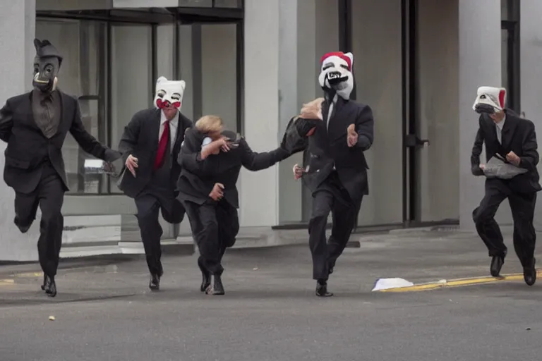 Image similar to dramatic cinematic bank robbers running out of white bank wearing trump masks by Emmanuel Lubezki