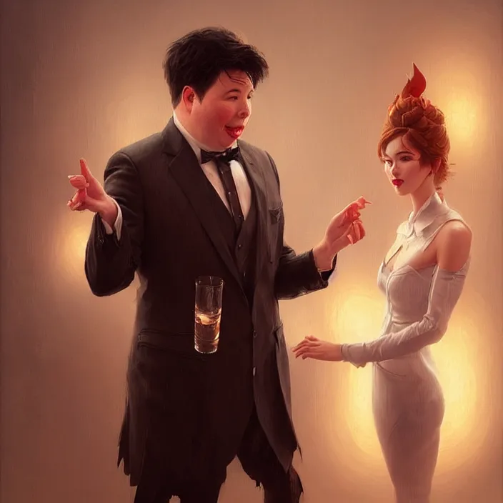 Image similar to michael mcintyre flirting with a singing waitress, elegant, real life skin, intricate artwork, high detailed, artstation, concept art, smooth, sharp focus, art by artgerm and greg rutkowski