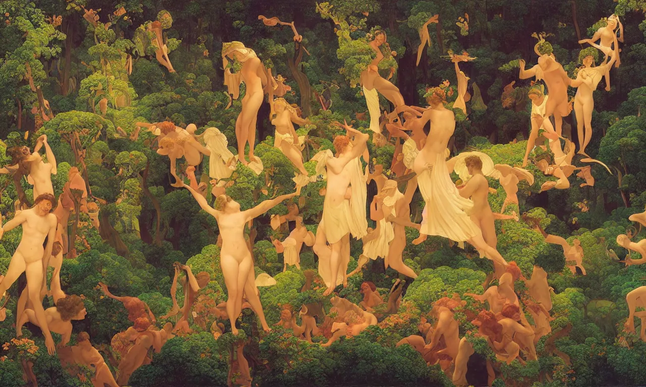 Prompt: dawn of a classical tableau in paradise, art by james c. christensen and maxfield parrish and n. c. wyeth
