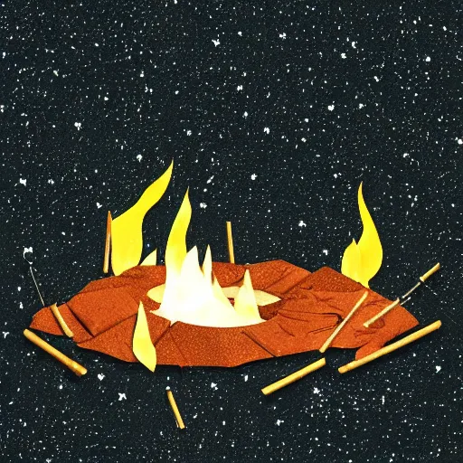 Image similar to a comfy crackling outdoor campfire in front of a very dark background of yellow illustrated stars, astrophotography, warm muted colors, cut paper collage with photograph and illustration