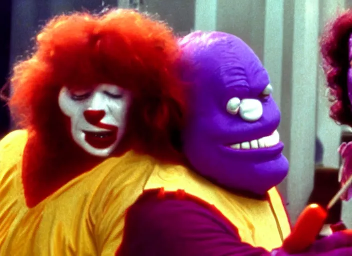 Image similar to film still of ronald mcdonald and grimace in a 1 9 8 0 s slasher movie