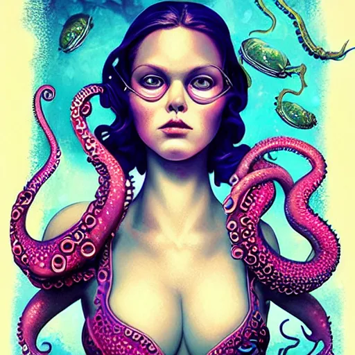 Image similar to lofi underwater victorian biopunk bikini portrait, octopus, Pixar style, by Tristan Eaton Stanley Artgerm and Tom Bagshaw.